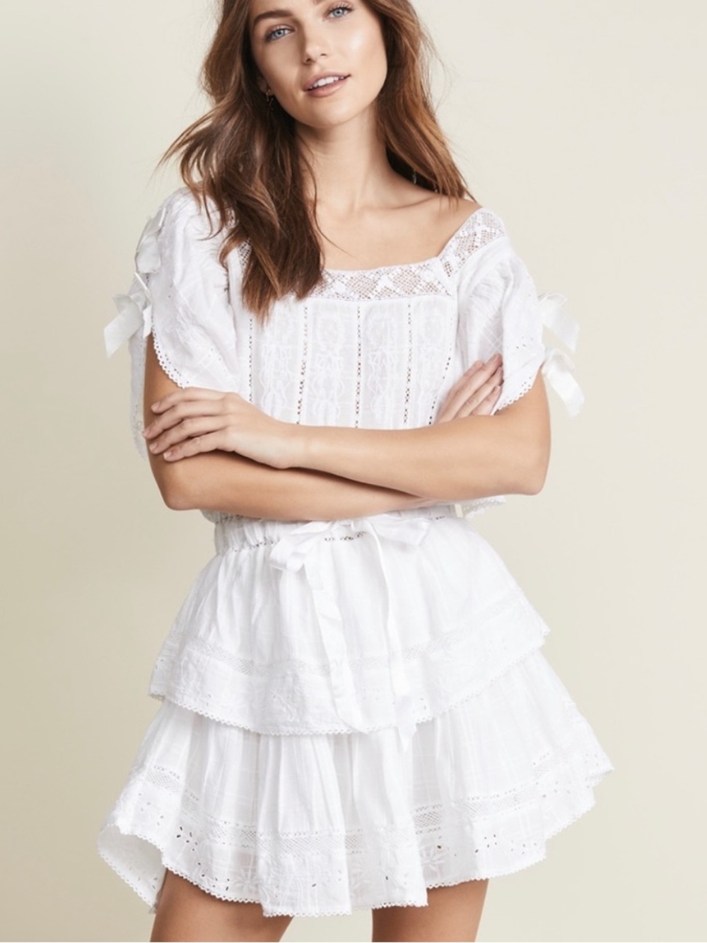 LOVESHACKFANCY Dorothy Dress White Lace Embroidered Bows Size M